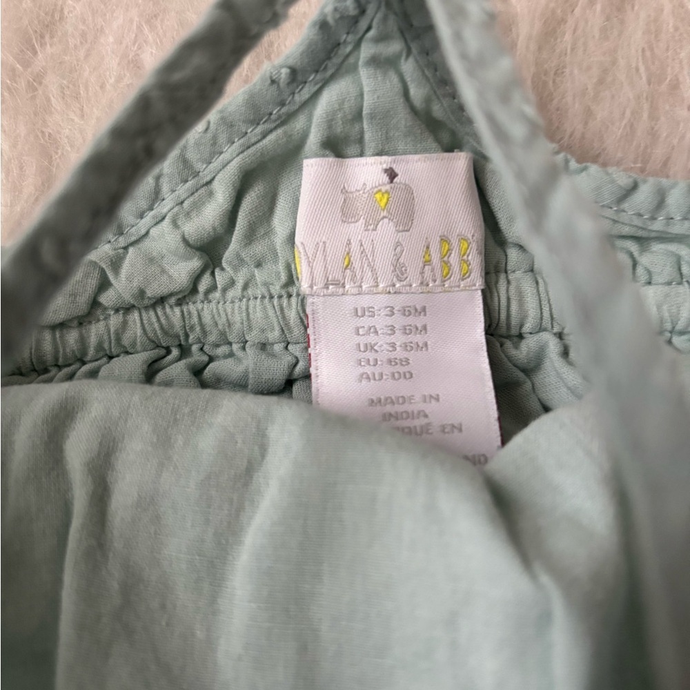 Sage Green Baby Summer Romper with Dainty Ruffles & Swiss Dot Details - Picture 2 of 3
